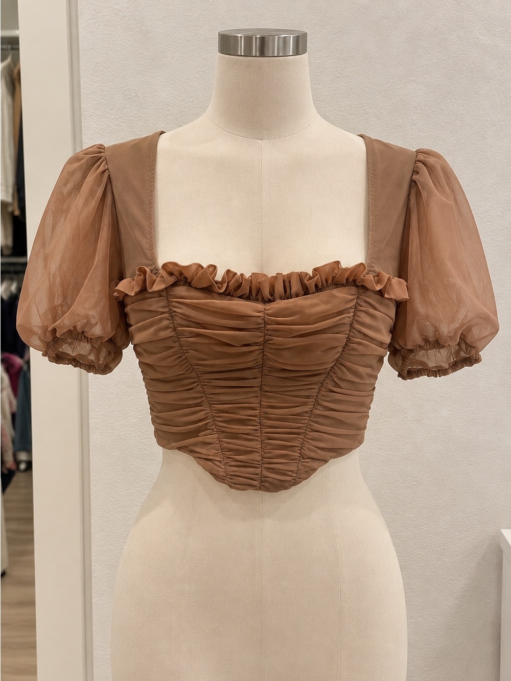 house of cb Corset Ruched Puff Sleeve Crop Top Like New